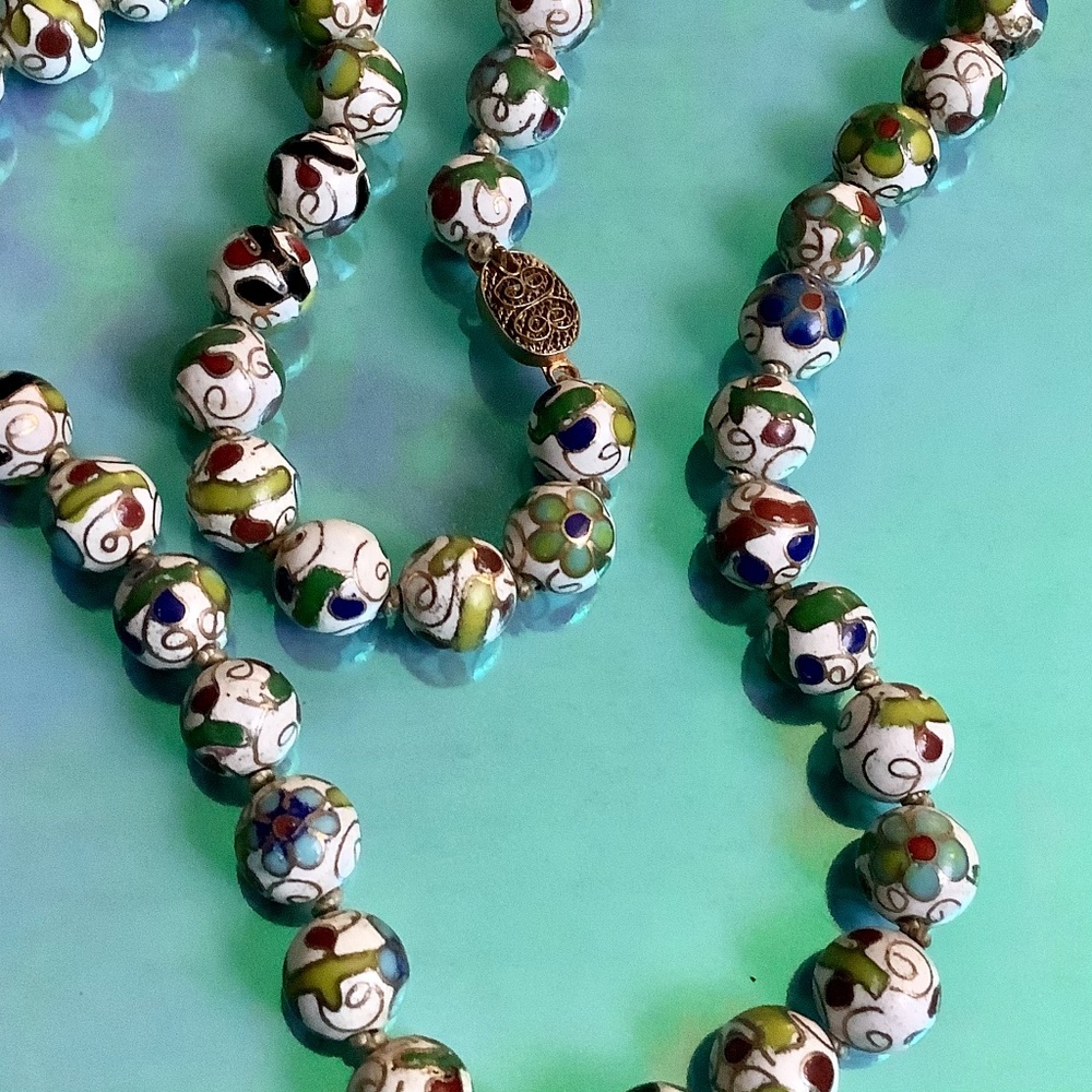 Vintage Cloisonné glass Beaded Necklace Knotted